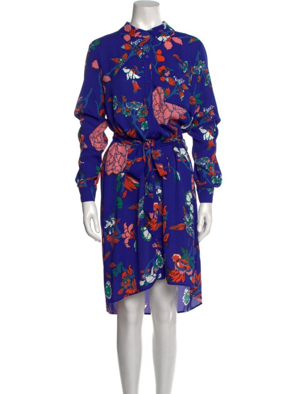 Diane von Furstenberg Blue Floral Mock Neck Long Sleeve Belted Midi Shirtdress S